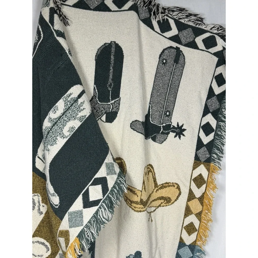 Vintage Western Cowboy Boots Tapestry Afghan Fringe Throw Cowgirl Ranch Decor